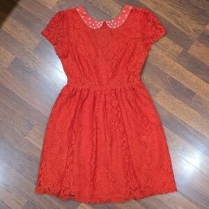 Keds Red Lace Overlay Mini Dress with Pearl embellished Collar